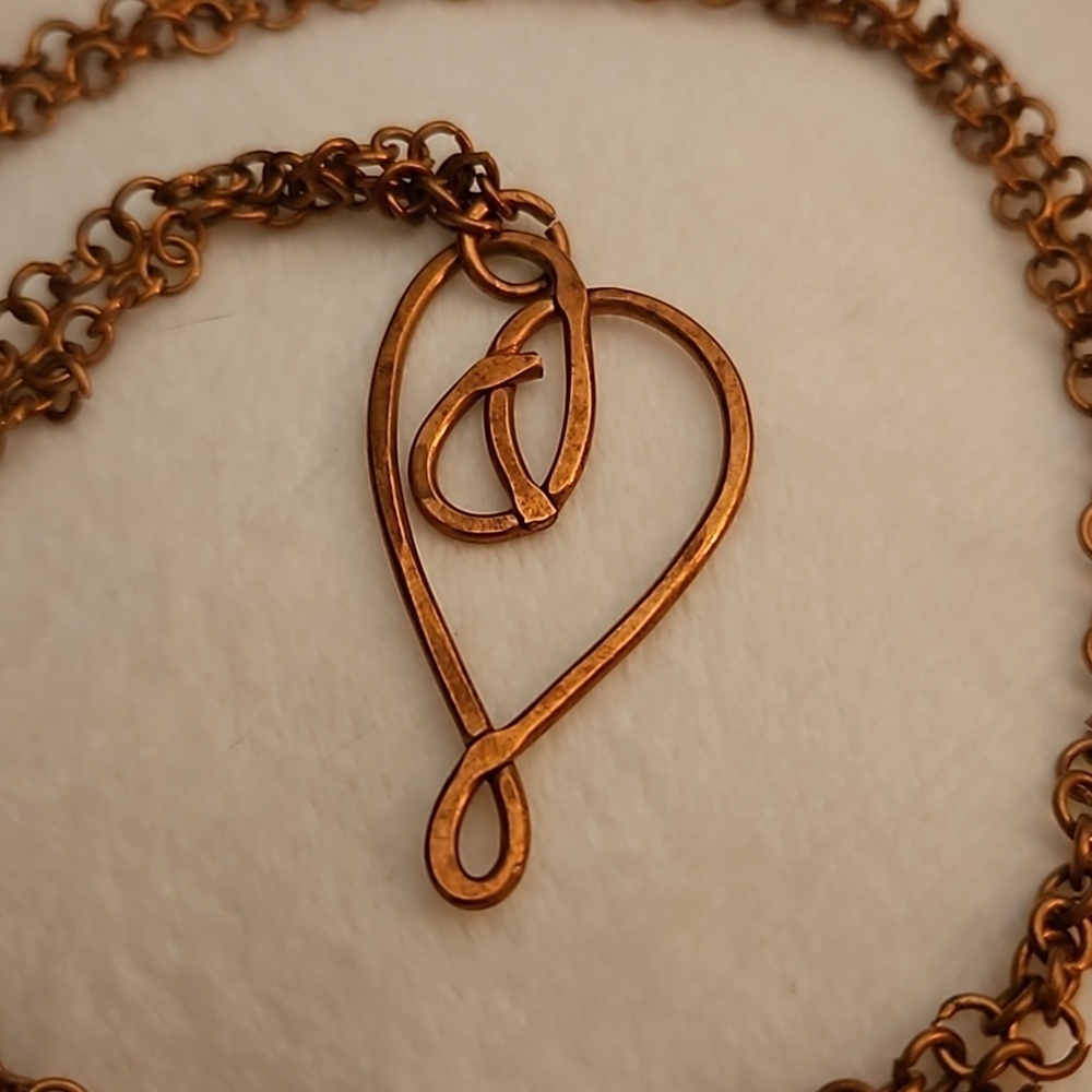HANDMADE Copper Wire Wrapped Heart Pendant Long Chain Necklace - Picture 2 of 6